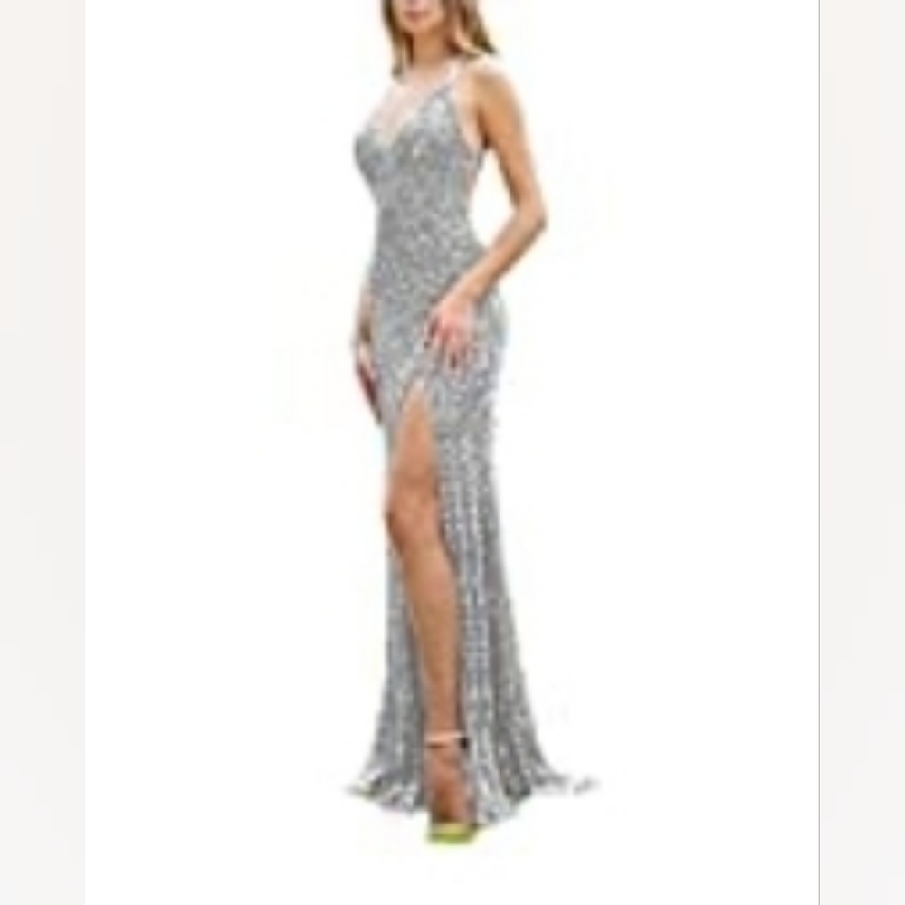 Prom Sequence spaghetti strap Silver dress